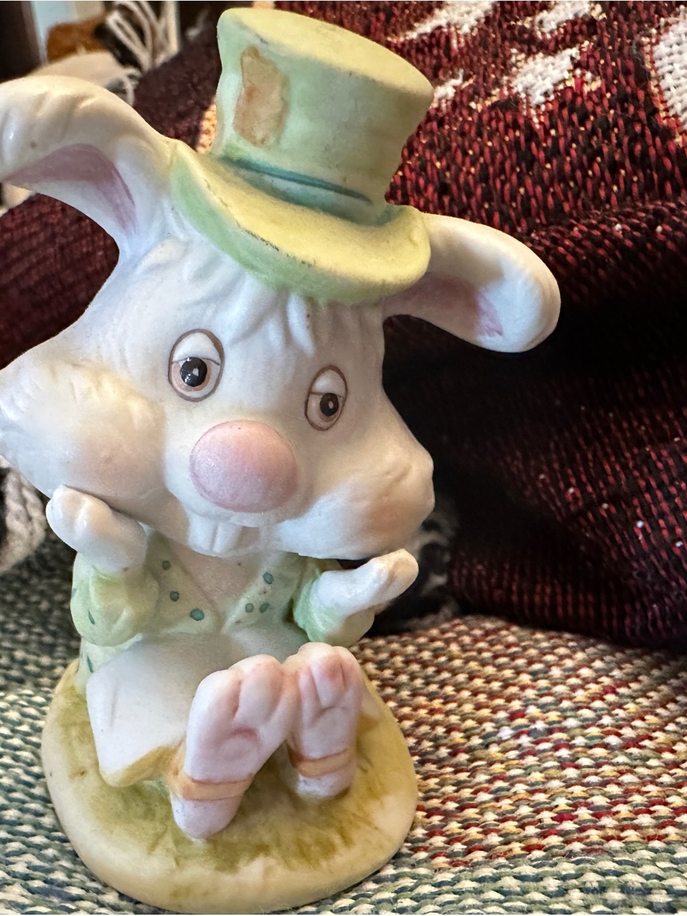 White Bunny Figurine with Light Green Hat and Outfit - Lefton ChinaHand Painter